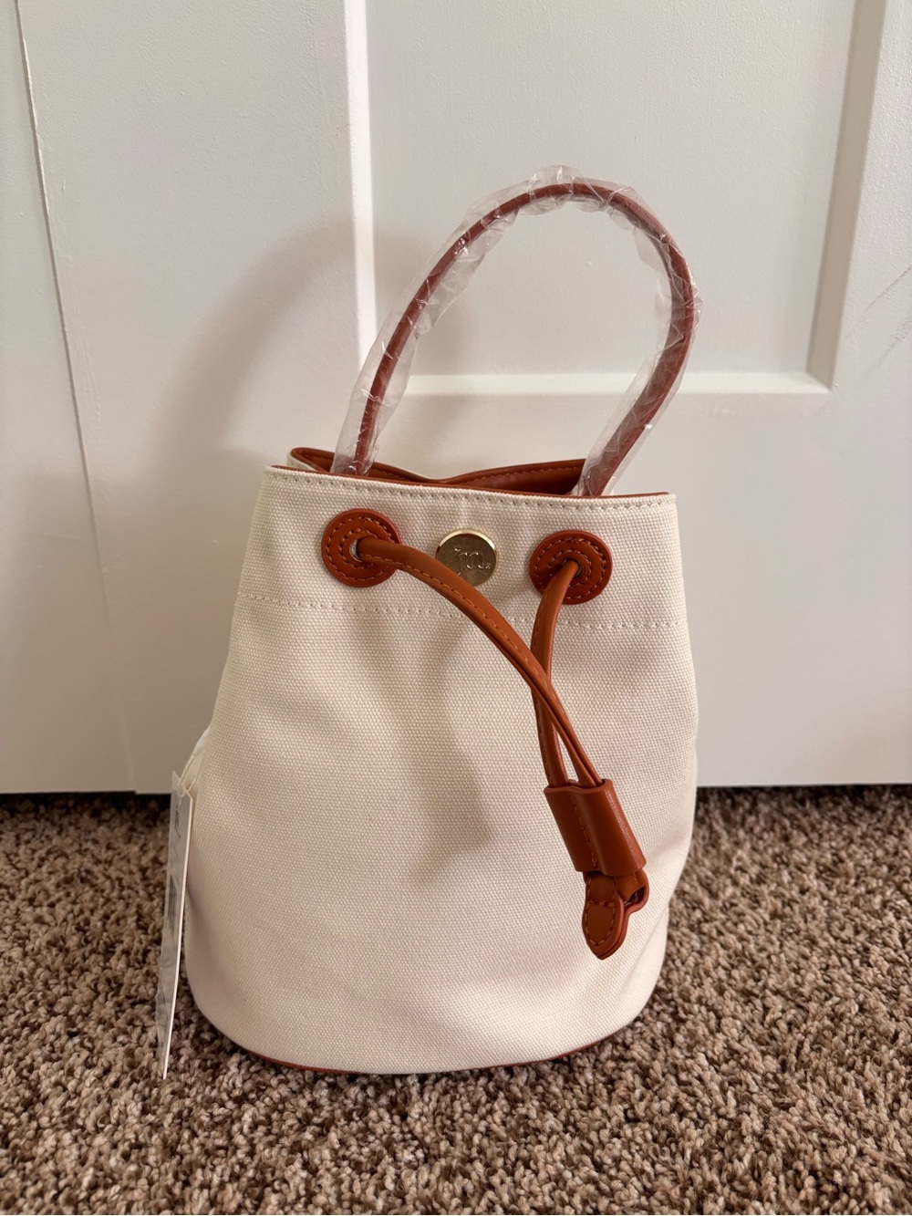 Cream Canvas Mini Bucket Bag with Tan Trim